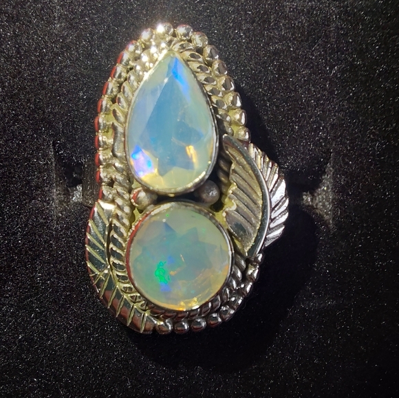 Ethiopian Opal Teardrop & Round Cut Sterling Silver Statement Ring - Picture 5 of 16